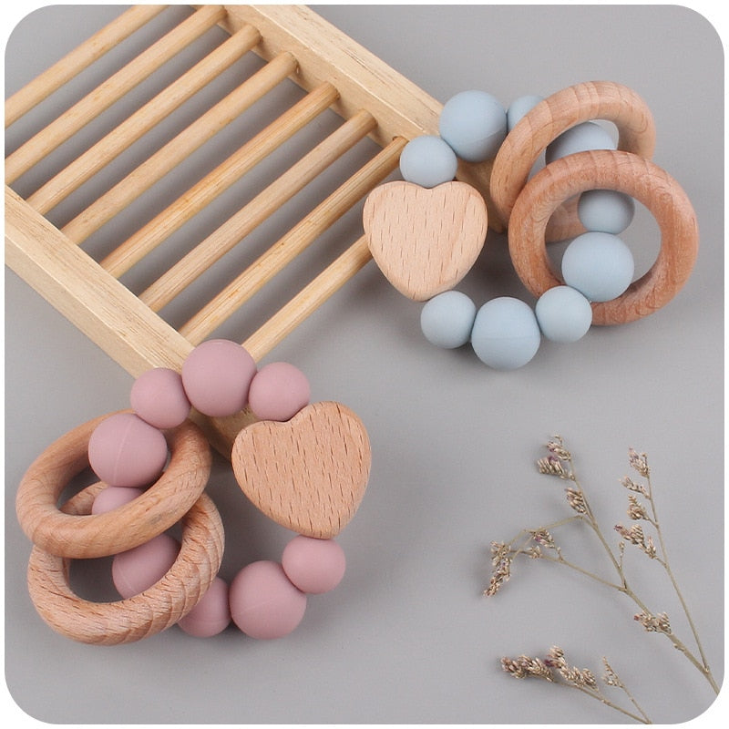 Baby Nursing Bracelets Teether Toys Silicone Beads Wooden Beech Ring Beads Teething Wood Rattles Fidget Toys