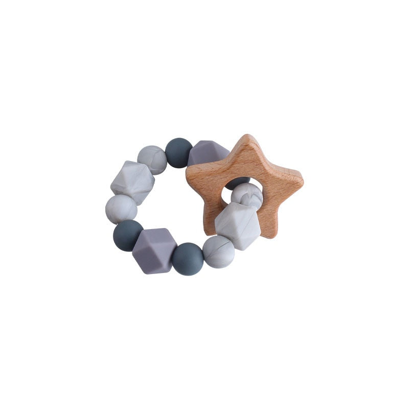 Baby Nursing Bracelets Teether Toys Silicone Beads Wooden Beech Ring Beads Teething Wood Rattles Fidget Toys