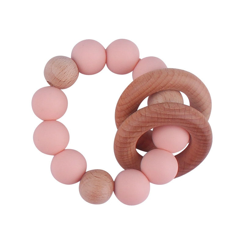 Baby Nursing Bracelets Teether Toys Silicone Beads Wooden Beech Ring Beads Teething Wood Rattles Fidget Toys