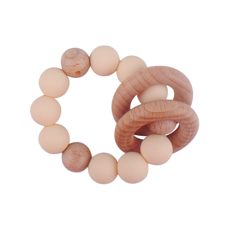 Baby Nursing Bracelets Teether Toys Silicone Beads Wooden Beech Ring Beads Teething Wood Rattles Fidget Toys