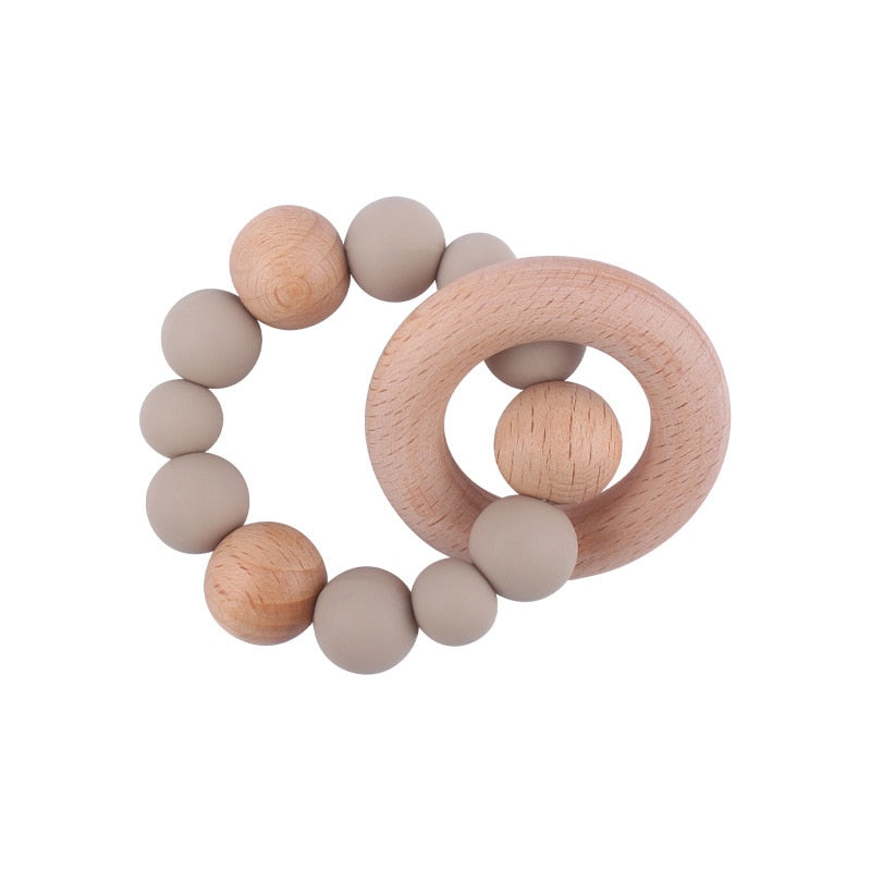 Baby Nursing Bracelets Teether Toys Silicone Beads Wooden Beech Ring Beads Teething Wood Rattles Fidget Toys