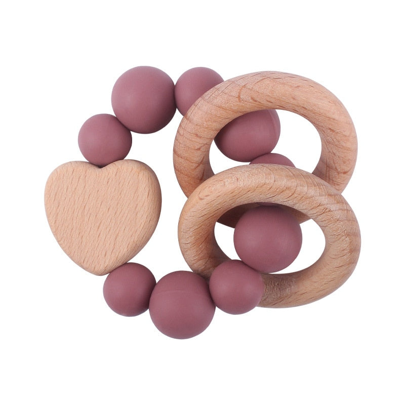 Baby Nursing Bracelets Teether Toys Silicone Beads Wooden Beech Ring Beads Teething Wood Rattles Fidget Toys