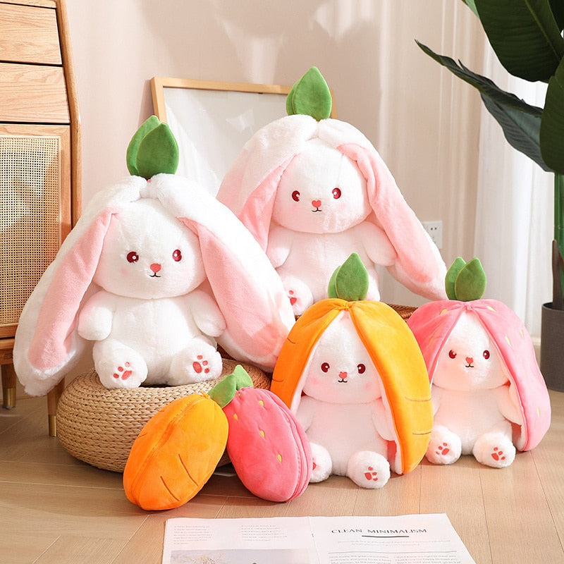 Carrot Rabbit Plush Toy Stuffed Soft Bunny Hiding in Strawberry Bag 18/25cm