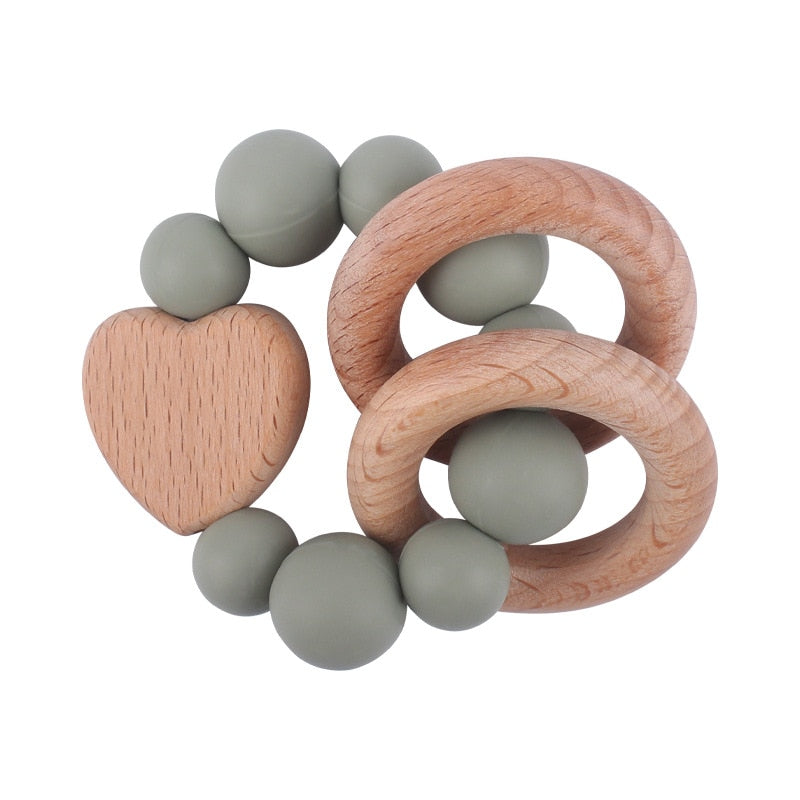 Baby Nursing Bracelets Teether Toys Silicone Beads Wooden Beech Ring Beads Teething Wood Rattles Fidget Toys