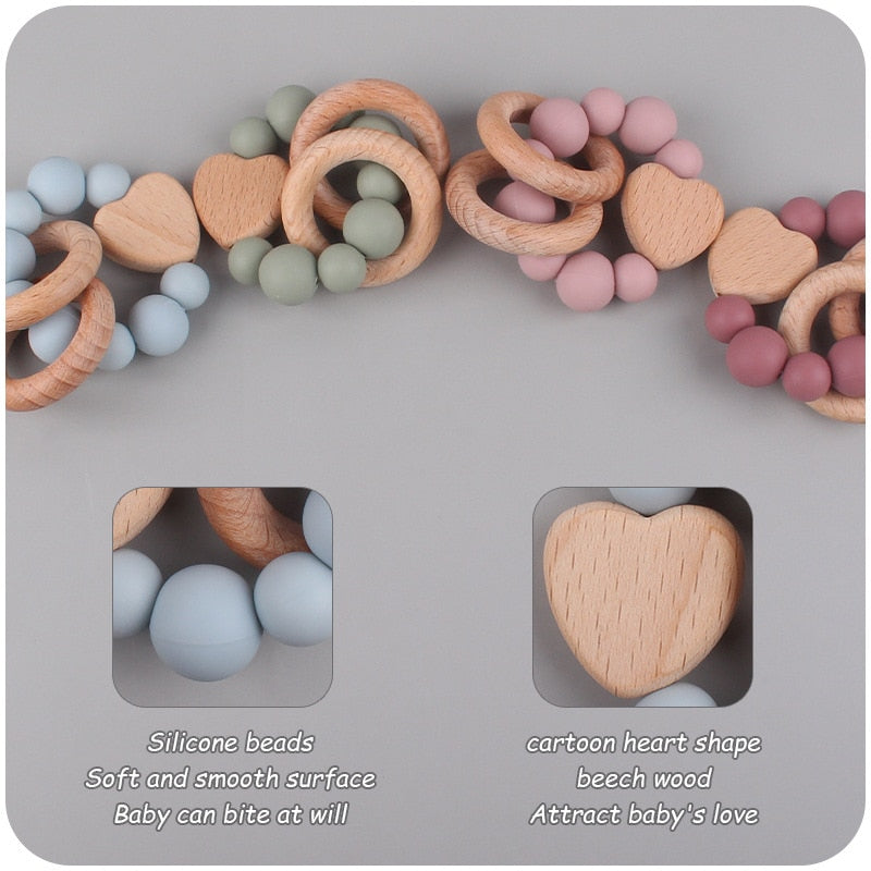 Baby Nursing Bracelets Teether Toys Silicone Beads Wooden Beech Ring Beads Teething Wood Rattles Fidget Toys