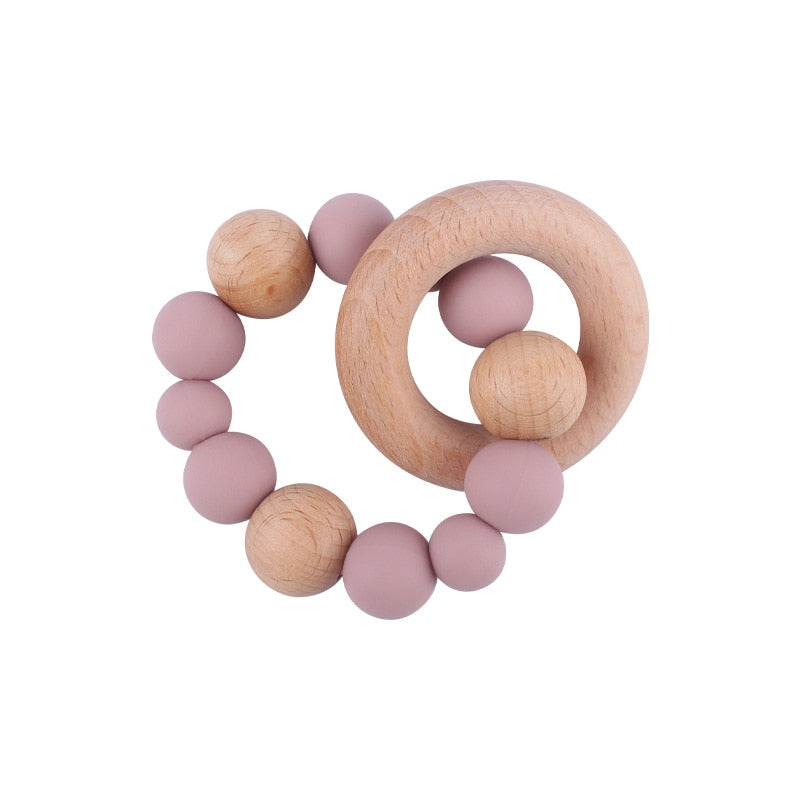 Baby Nursing Bracelets Teether Toys Silicone Beads Wooden Beech Ring Beads Teething Wood Rattles Fidget Toys