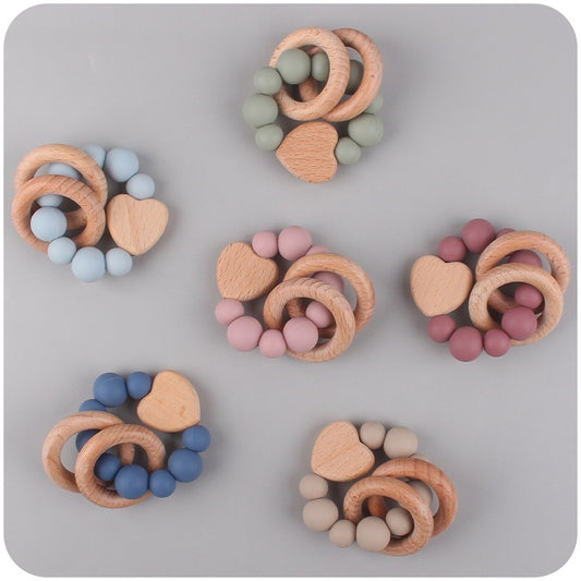 Baby Nursing Bracelets Teether Toys Silicone Beads Wooden Beech Ring Beads Teething Wood Rattles Fidget Toys